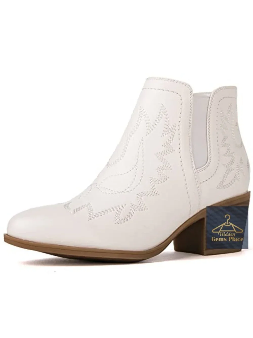 Western Cowgirl Ankle Boots with Embroidered Design Pull-On Low Heel Vegan